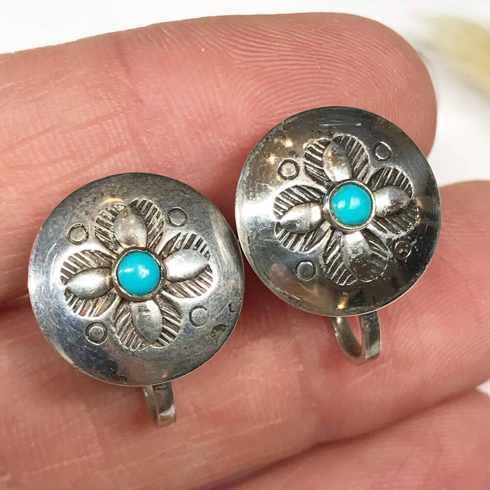Vintage Bell Trading Post 925 Sterling Silver Turquoise Western Concho Earrings